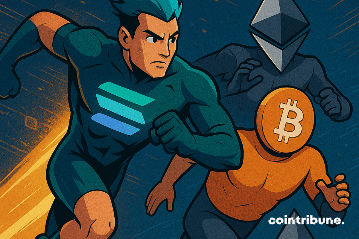 Course stylisée entre Solana, Bitcoin et Ethereum dans un style comics rétro, ambiance dynamique et technologique orange.