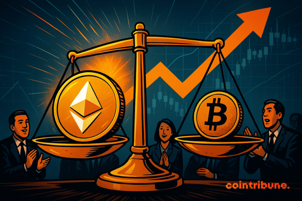 A comic-style illustration of a golden balance scale tipping in favor of Ethereum over Bitcoin, with suited investors clapping and an orange arrow rising in the background.