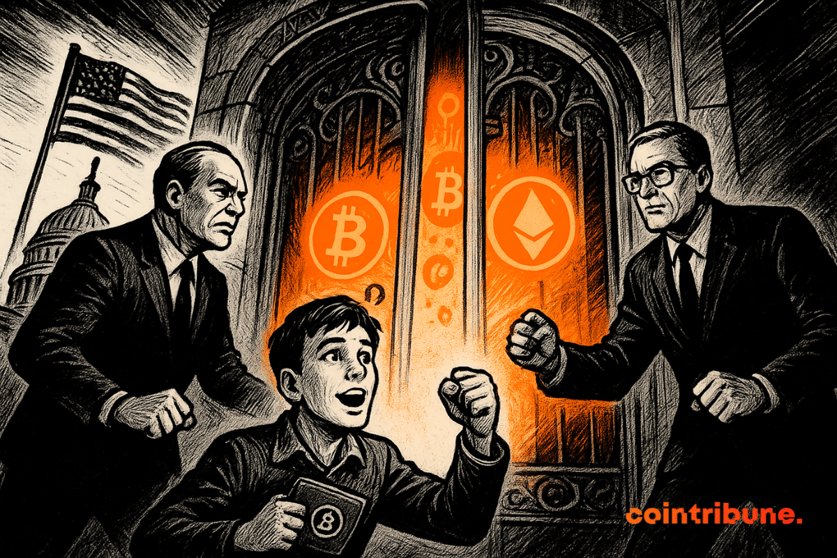 An illustration of U.S. officials standing tensely as a young person eagerly approaches glowing doors marked with crypto symbols for Bitcoin and Ethereum, with the U.S. Capitol and flag in the background.