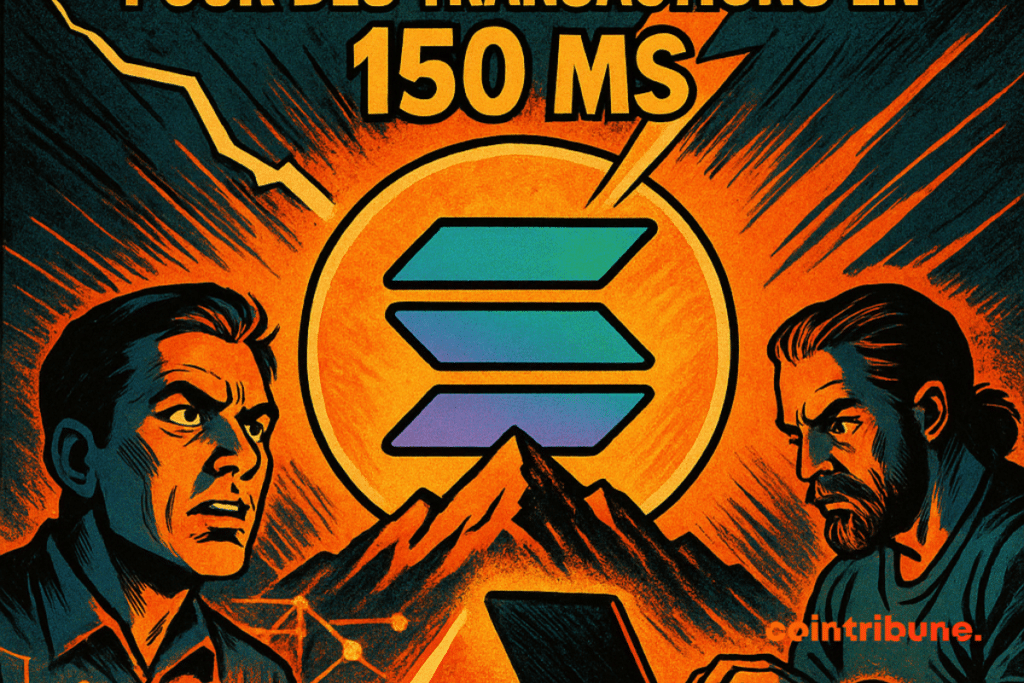 Three characters react to a lightning-fast Solana update, illustrated by a lightning bolt and a glowing logo.