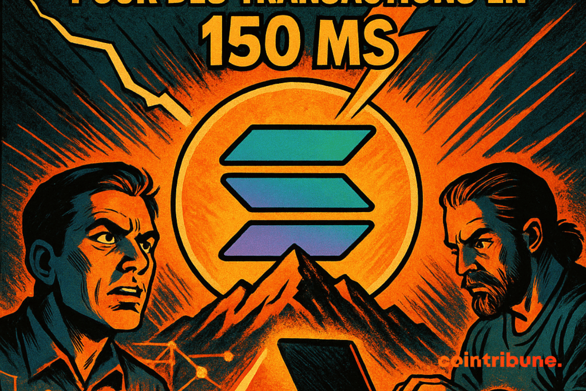 Three characters react to a lightning-fast Solana update, illustrated by a lightning bolt and a glowing logo.