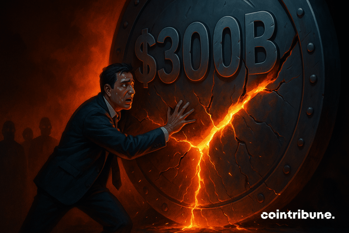Smiling man stands by cracked 0B vault glowing orange, representing the stablecoin market.