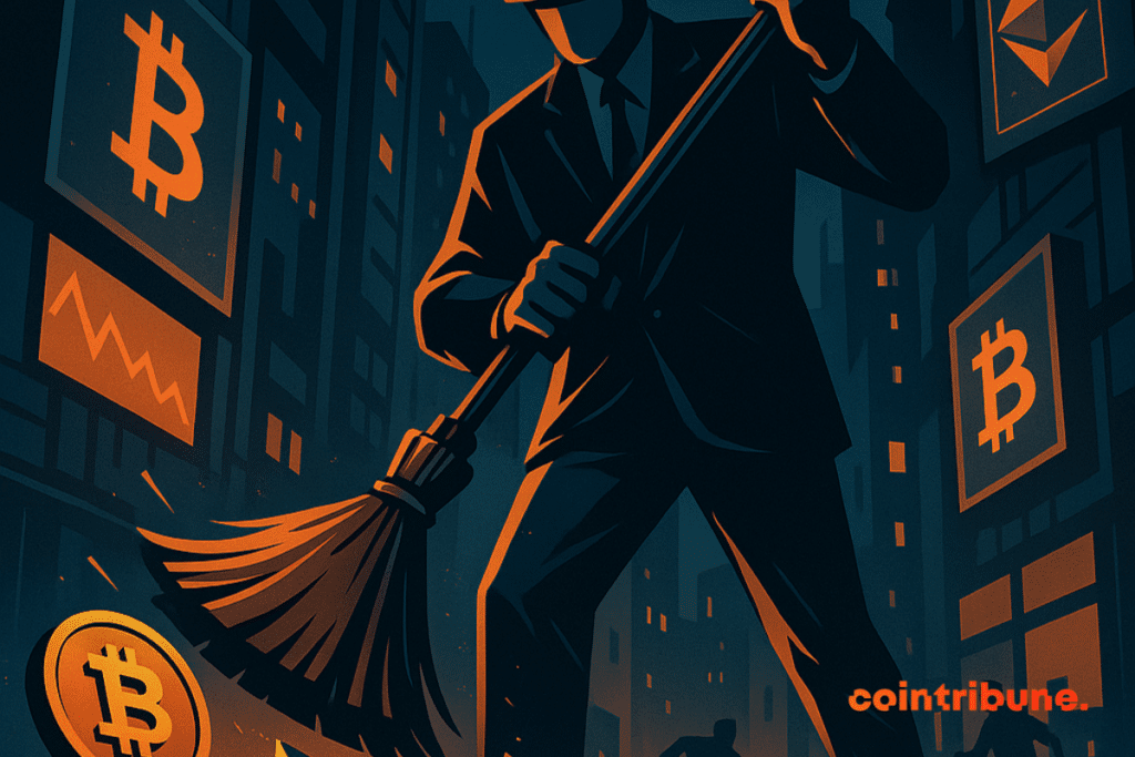 Una silueta gigante barre Bitcoin y Ethereum en una ciudad futurista, simbolizando la purga de criptomonedas.