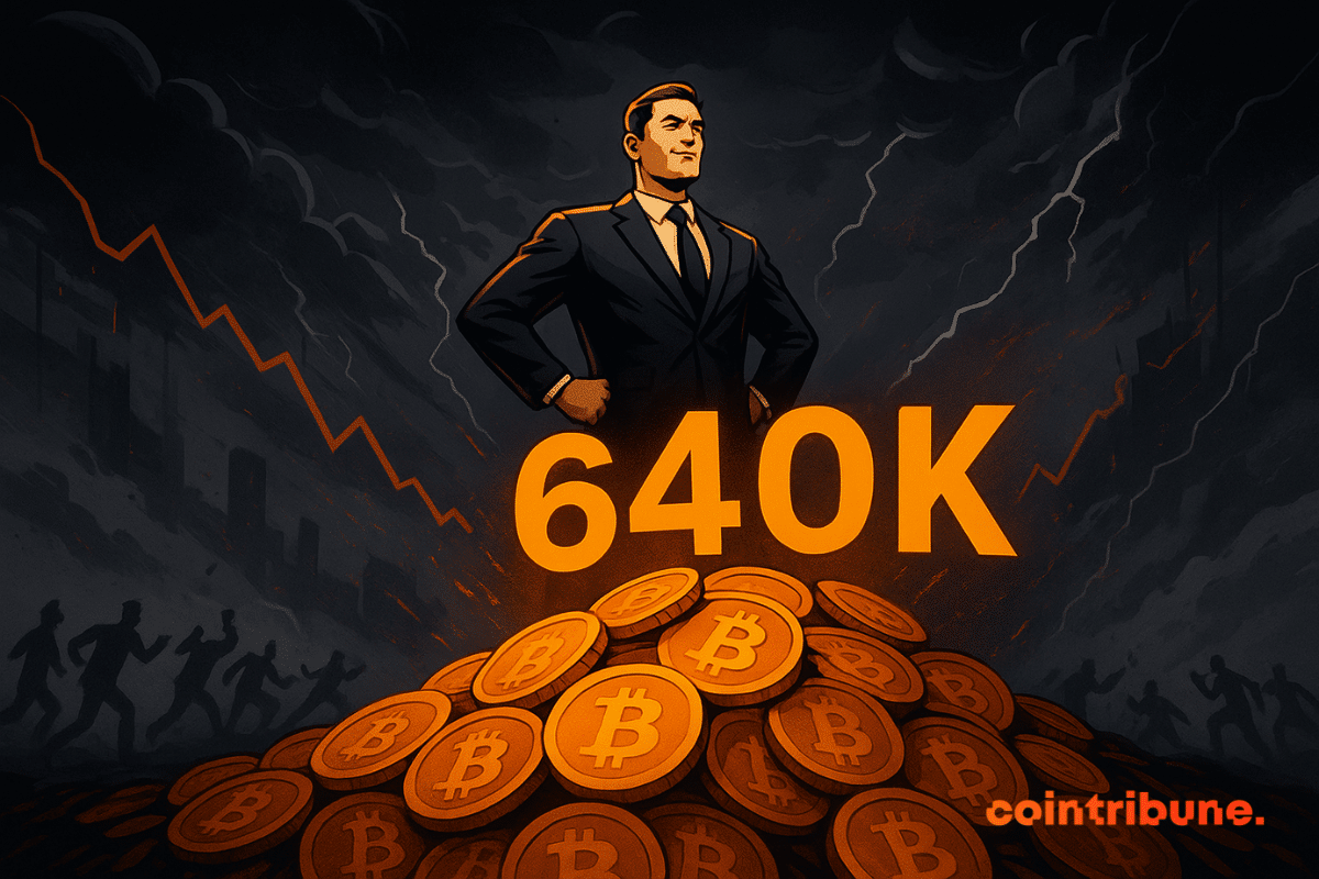 A confident businessman in a suit stands atop a pile of glowing Bitcoins under stormy skies, with the number 640K shining above him as markets crash in the background.