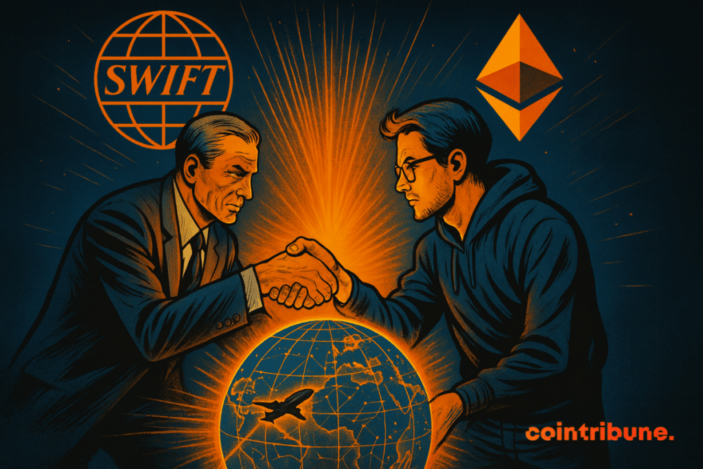 Deux hommes se serrent la main au-dessus d’un globe numérique lumineux, symbolisant l’alliance entre Swift (en costume) et Consensys/Ethereum (en hoodie), avec un fond contrasté bleu et orange et des logos visibles.