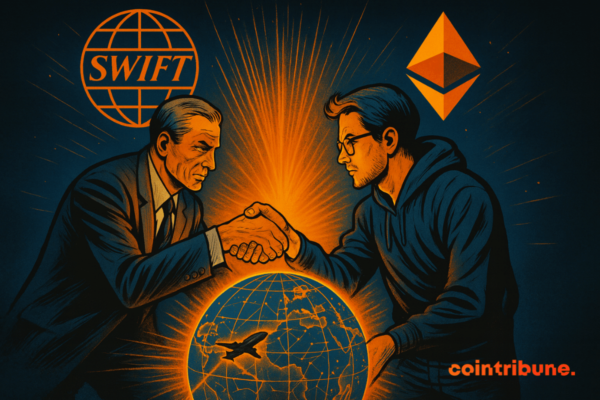 Deux hommes se serrent la main au-dessus d’un globe numérique lumineux, symbolisant l’alliance entre Swift (en costume) et Consensys/Ethereum (en hoodie), avec un fond contrasté bleu et orange et des logos visibles.