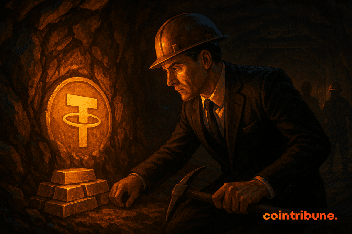 Un homme en costume découvre un jeton Tether doré dans une mine, éclairé par une lumière orange intense.