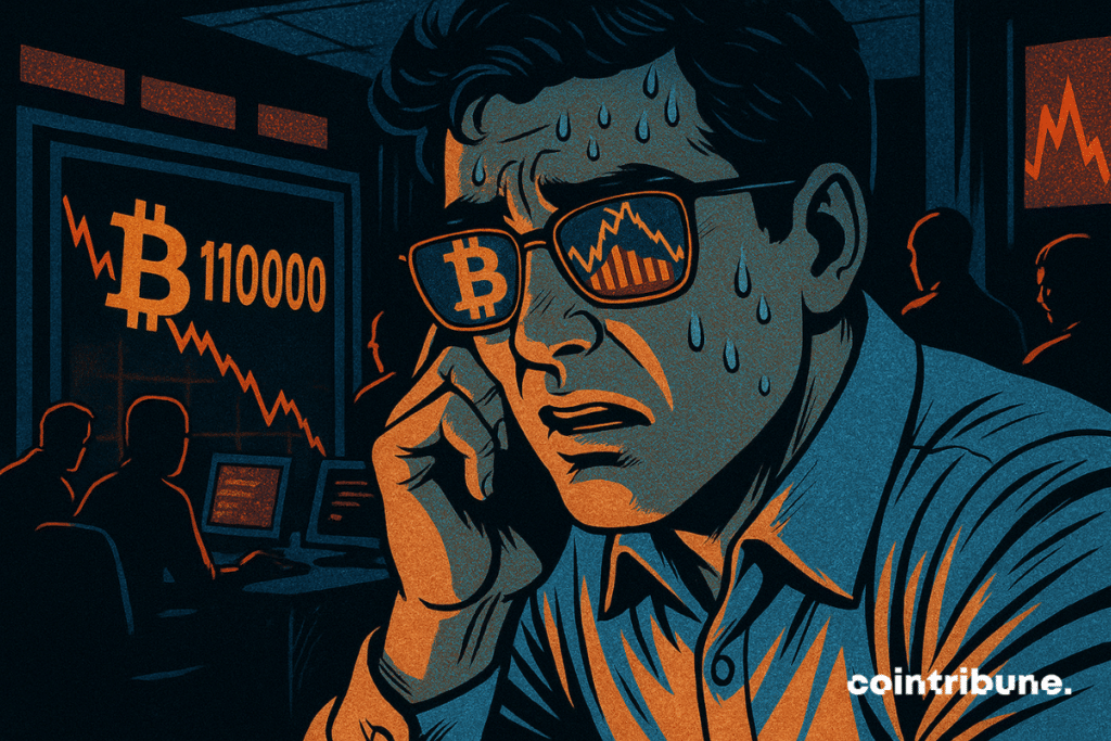Un trader paniqué, en sueur, fixe un écran. Reflets de Bitcoin en chute dans ses lunettes. Tension palpable, ambiance sombre.