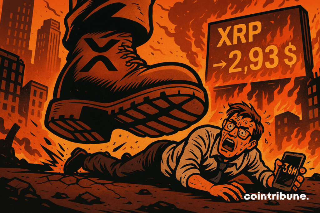 A panicked trader crushed by a giant XRP foot, in a city in flames, holding a phone displaying 3.6M.