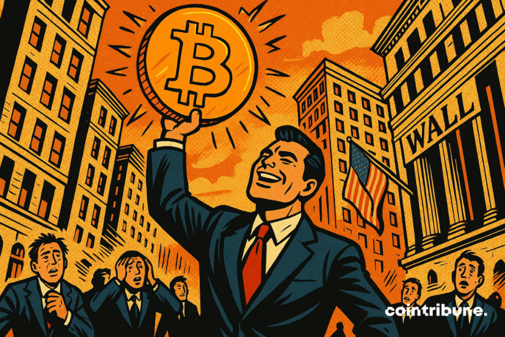 Un hombre trajeado blande con orgullo un Bitcoin gigante frente a Wall Street, ante la mirada atónita de la multitud.