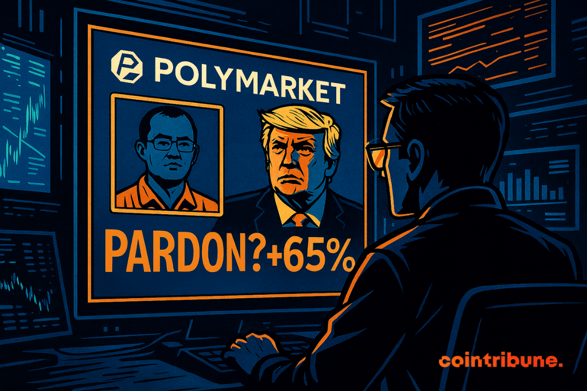 Un homme observe un écran affichant Trump et CZ avec l’inscription "PARDON ? +65%", dans une ambiance sombre et tendue.