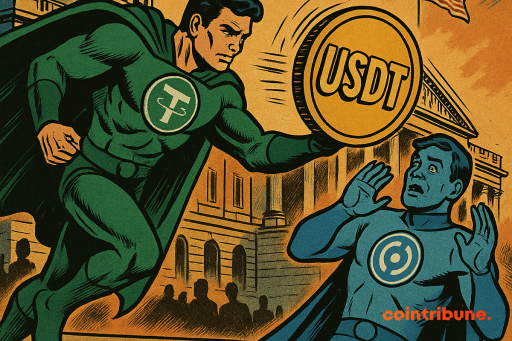 Tether attaque Circle sur les marches du Capitole, lançant un USDT géant dans une scène de tension dramatique.