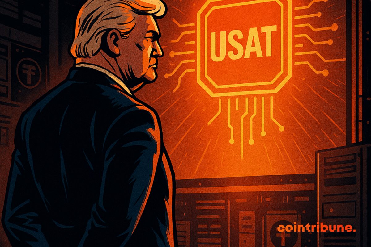 Man in a suit watching a glowing USAT screen in a futuristic orange crypto server room.