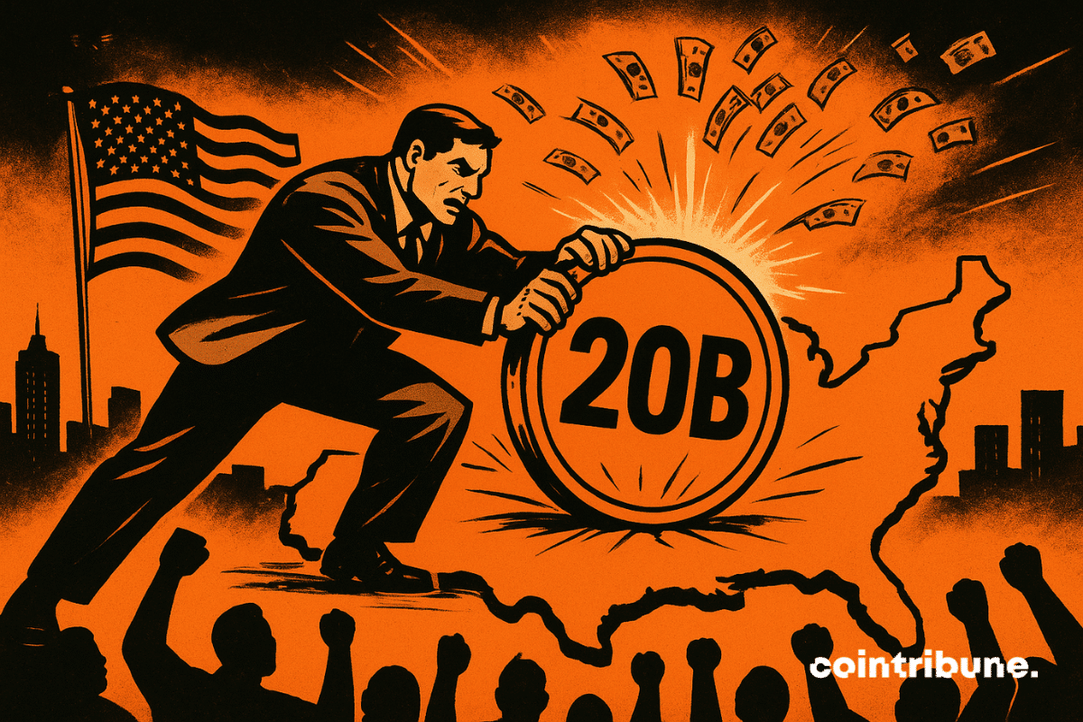 A comic-style businessman plants a giant coin marked "20B" onto a glowing U.S. map with cheering silhouettes and dollar bills exploding in the background.