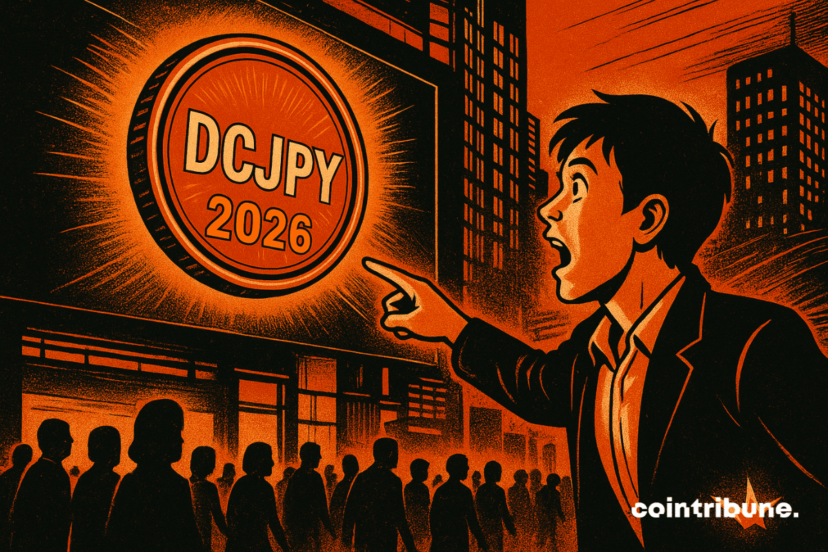 A shocked young man points at a glowing billboard in Tokyo displaying a bright orange coin with “DCJPY 2026,” while crowds pass by in silhouette.