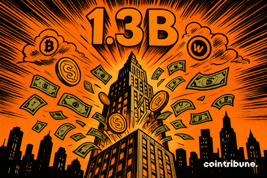 Une Trump Tower de style bande dessinée entre en éruption avec des pièces de monnaie et des billets de dollars, avec un « 1,3B » lumineux au-dessus et des symboles du marché dans le ciel orange.