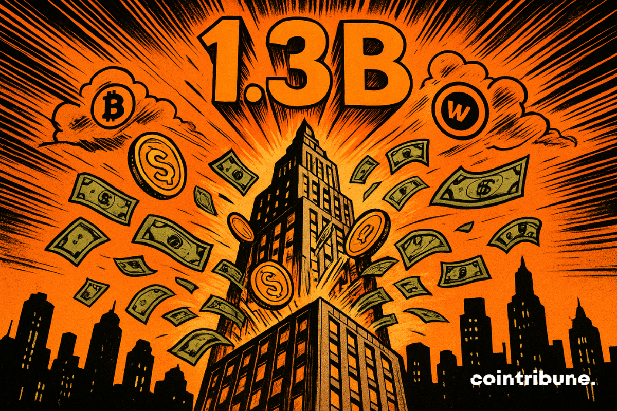 Une Trump Tower de style bande dessinée entre en éruption avec des pièces de monnaie et des billets de dollars, avec un « 1,3B » lumineux au-dessus et des symboles du marché dans le ciel orange.