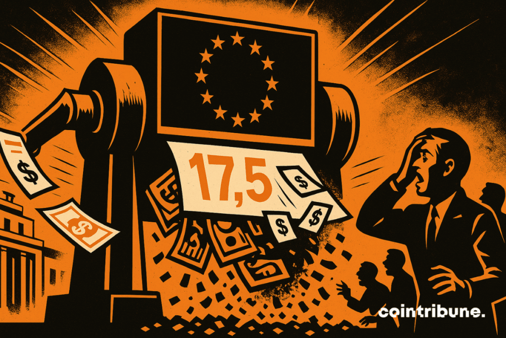 Una enorme máquina trituradora estilizada, inspirada en una prensa mecánica, lleva claramente en su frontón las estrellas amarillas de la Unión Europea, símbolo del regulador. Fajos de billetes, bonos y documentos financieros con la cifra 17,5 son aspirados por la máquina. Por el otro lado, salen convertidos en confeti negro, sugiriendo la destrucción de los fondos de catastrophe bonds en las carteras UCITS.