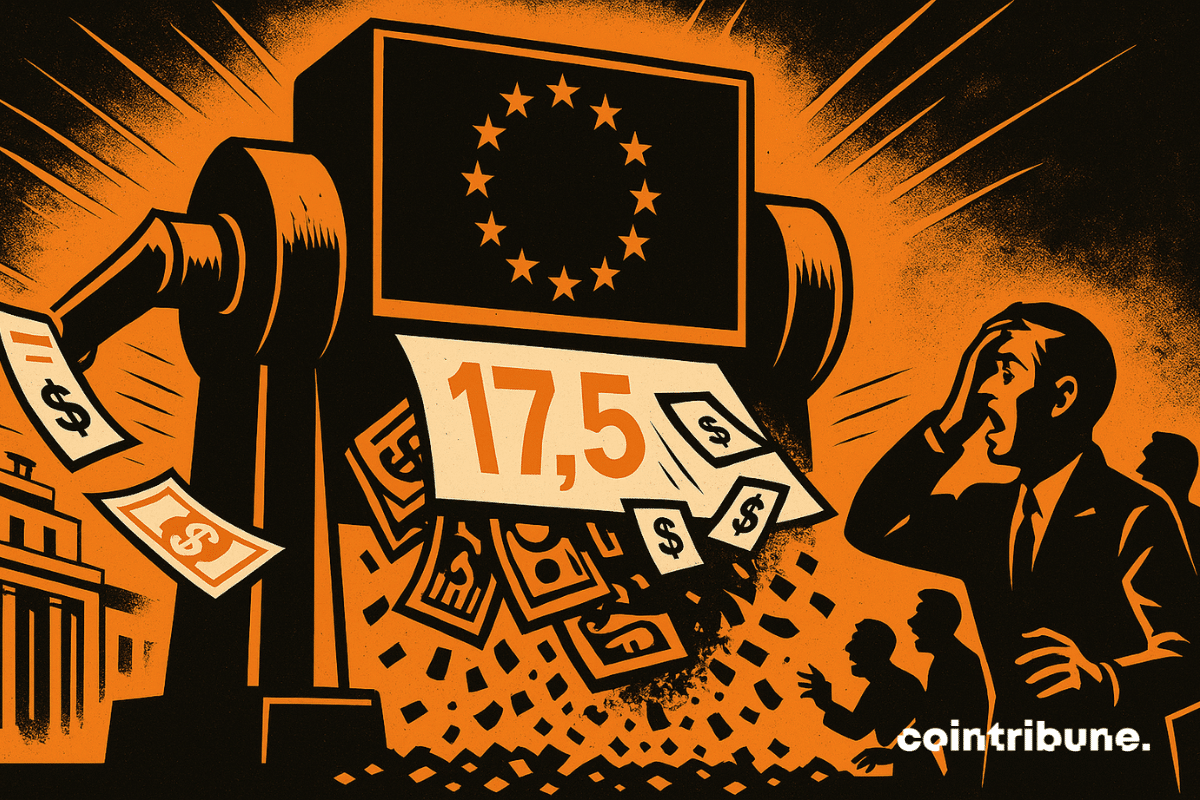 Une machine-broyeuse géante stylisée, inspirée d’une presse mécanique, porte clairement les étoiles jaunes de l’Union Européenne sur son fronton, comme symbole du régulateur. Des liasses de billets, obligations et papiers financiers portant le chiffre 17,5 sont aspirés dans la machine. De l’autre côté, ils ressortent en confettis noirs, suggérant la destruction des fonds catastrophe bonds dans les portefeuilles UCITS.