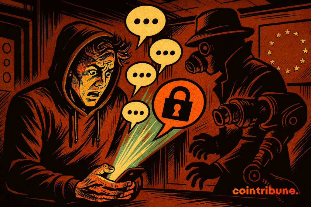 A panicked young man watches his messages being scanned by a menacing figure, against the backdrop of a disturbing European Union.