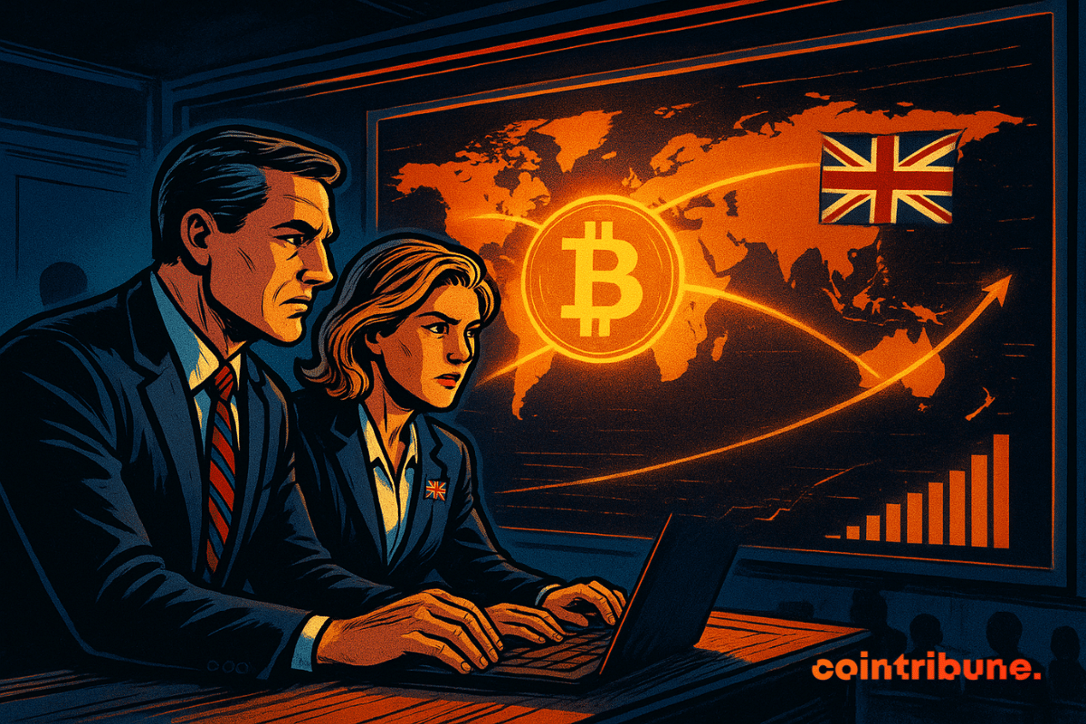 Two government officials in suits sit in a dark control room, focused on a glowing screen showing a Bitcoin symbol, world map, and rising financial charts.