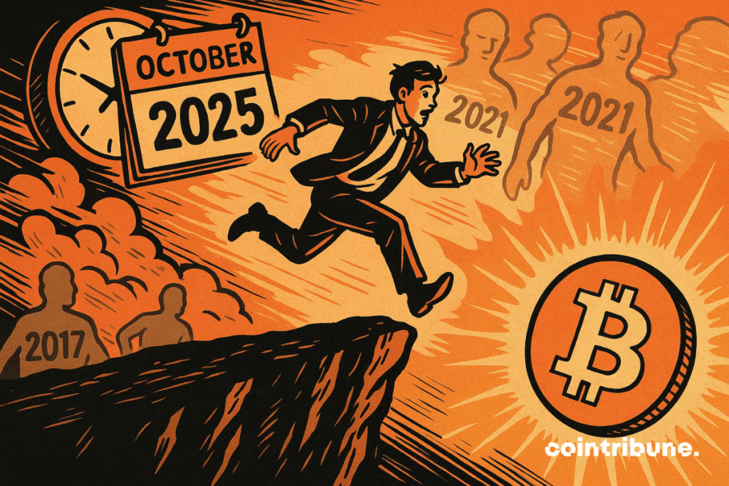 A businessman in a suit leaps off a cliff marked “October 2025” toward a glowing Bitcoin symbol, following the silhouettes of 2021 and 2017 investors. The scene evokes urgency, historical cycles, and FOMO around Bitcoin in October.