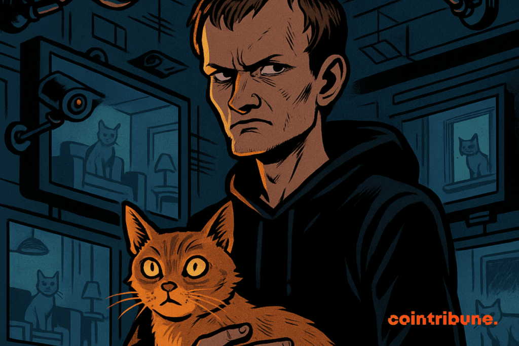 Vitalik holds a ginger cat under surveillance by European cameras and screens, a dark atmosphere.