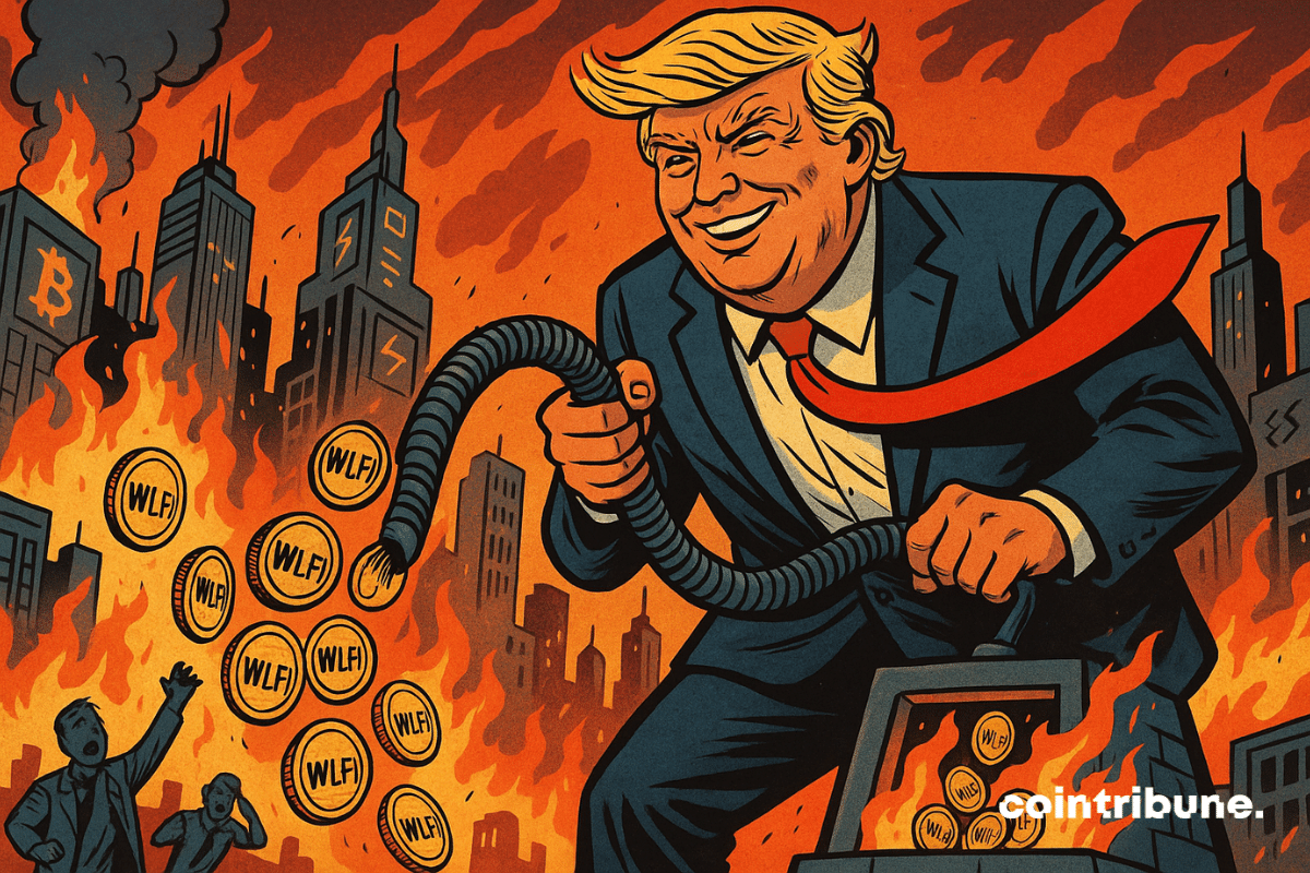 A giant Trump sucks up WLFI tokens with a vacuum cleaner, while a city in flames collapses around him.