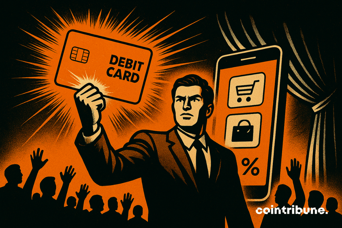 A man in a suit raises a glowing debit card as a smartphone with shopping icons lights up behind him, while a cheering crowd lifts their hands.