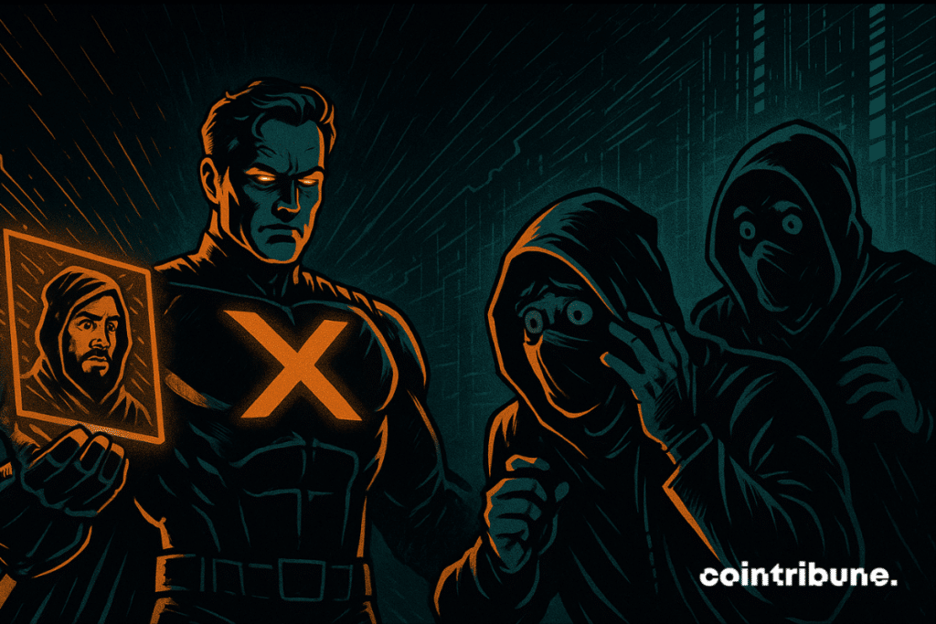 Comic-style hero with glowing X confronts crypto scammers in a digital crackdown scene.