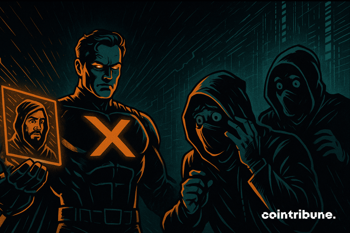 Comic-style hero with glowing X confronts crypto scammers in a digital crackdown scene.