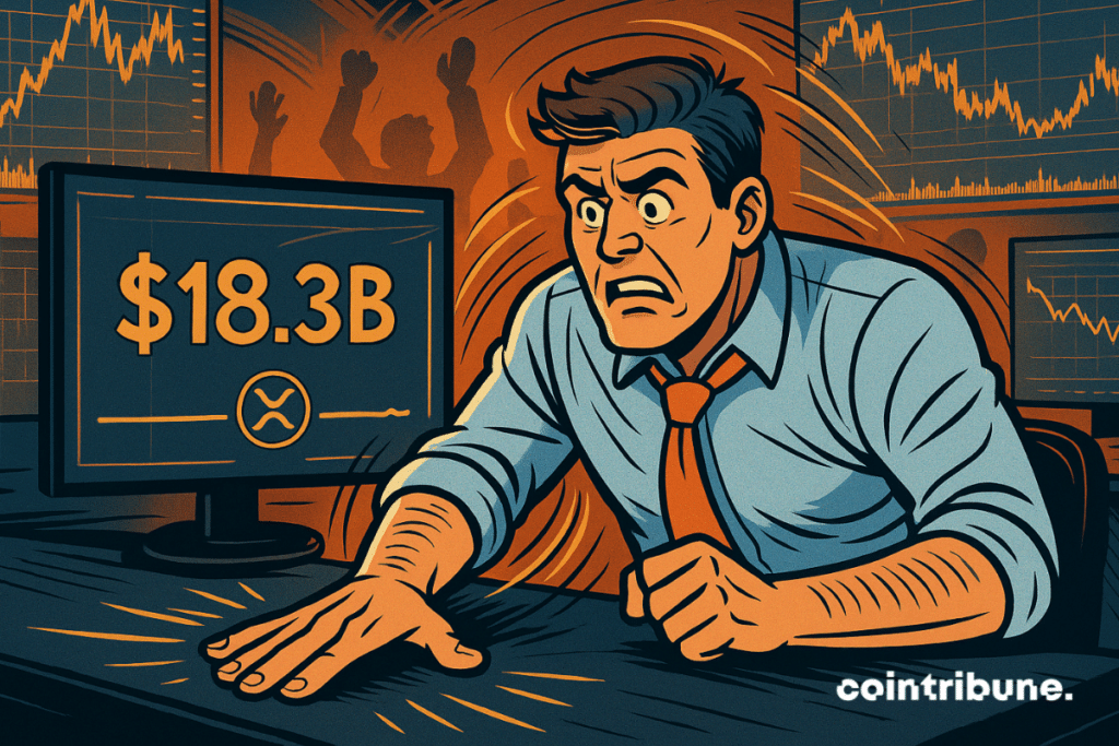 Un trader de style bande dessinée choqué par la ligne plate du XRP sur l'écran affichant un volume de transactions de « 18,3 milliards de dollars ».
