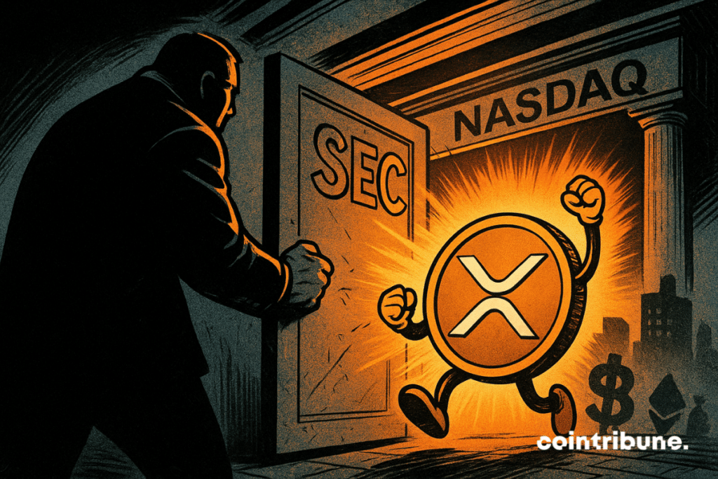A comic-style illustration of a dark-suited figure opening a door marked "SEC," revealing a glowing XRP coin stepping out toward the Nasdaq with bright orange light, symbolizing its entry into the Hashdex ETF.