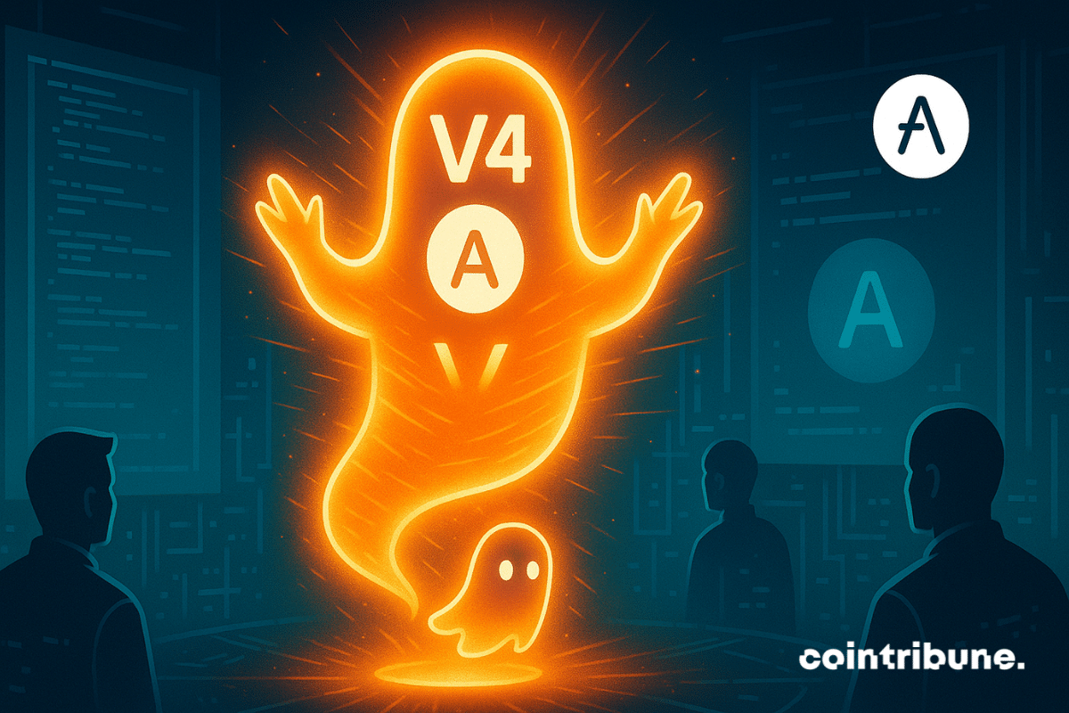 Un fantôme crypto lumineux Aave V4 flotte dans un laboratoire futuriste, observé par des silhouettes, entouré d’éclairs numériques orange.