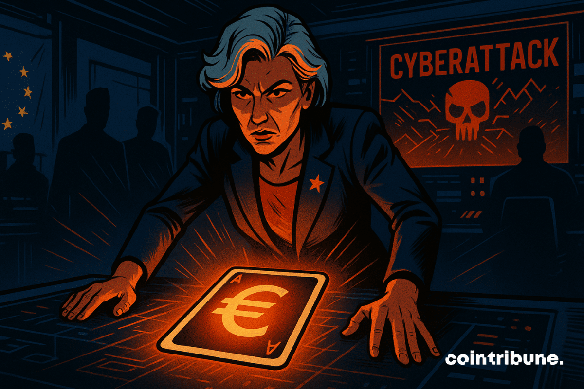 Una líder decidida juega su última carta contra un ciberataque, simbolizando la defensa digital del euro.