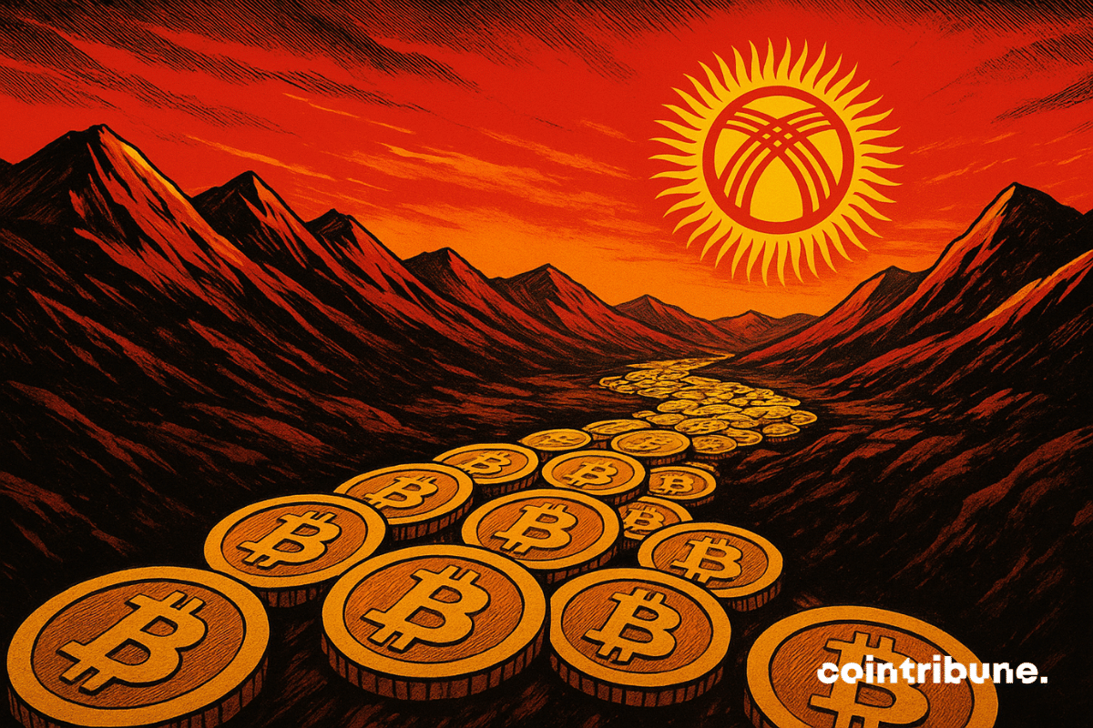 L’image dépeint un paysage montagneux dramatique dans un style de bande dessinée des années 70. Une large rivière composée de pièces de Bitcoin dorées serpente entre les montagnes sombres et mène le regard vers l’horizon. Au-dessus des sommets, un soleil flamboyant domine le ciel rouge-orangé, reprenant le symbole du drapeau du Kirghizstan avec ses rayons et son motif de yourte au centre. L’ensemble crée une atmosphère à la fois épique et symbolique, mêlant nature, richesse numérique et identité nationale.