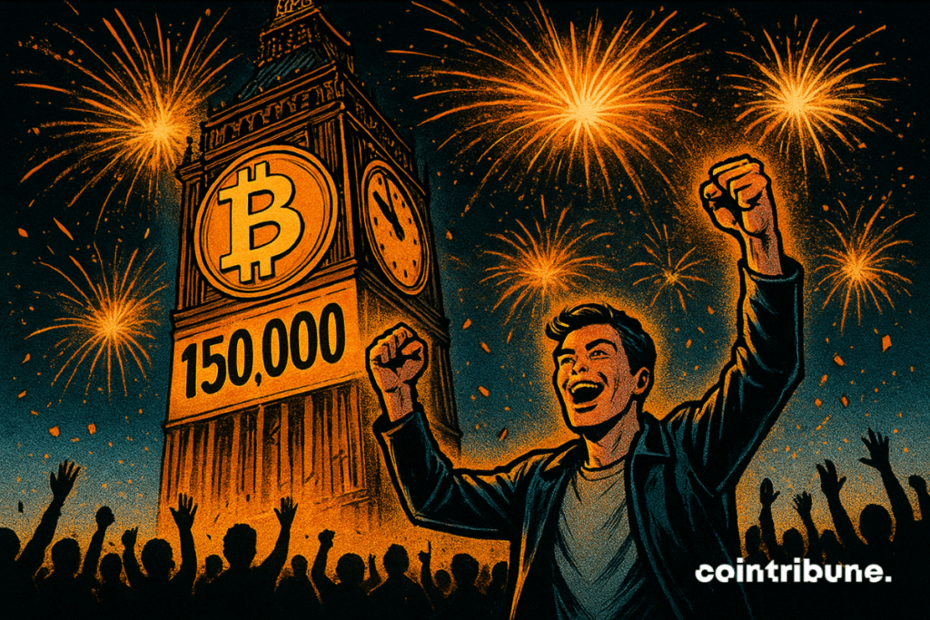 Un jeune homme euphorique lève les bras au ciel devant une horloge monumentale illuminée, dont le cadran arbore un Bitcoin doré et le chiffre 150 000 $. La scène nocturne est enflammée par des feux d’artifice orange et blancs, tandis qu’une foule en liesse acclame ce moment historique.