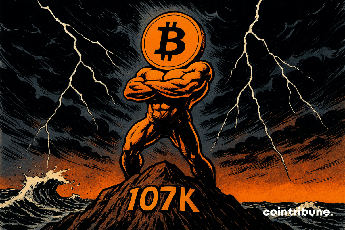 A titan-like Bitcoin stands on a stormy mountain peak, glowing with power, with “107K” carved in rock.