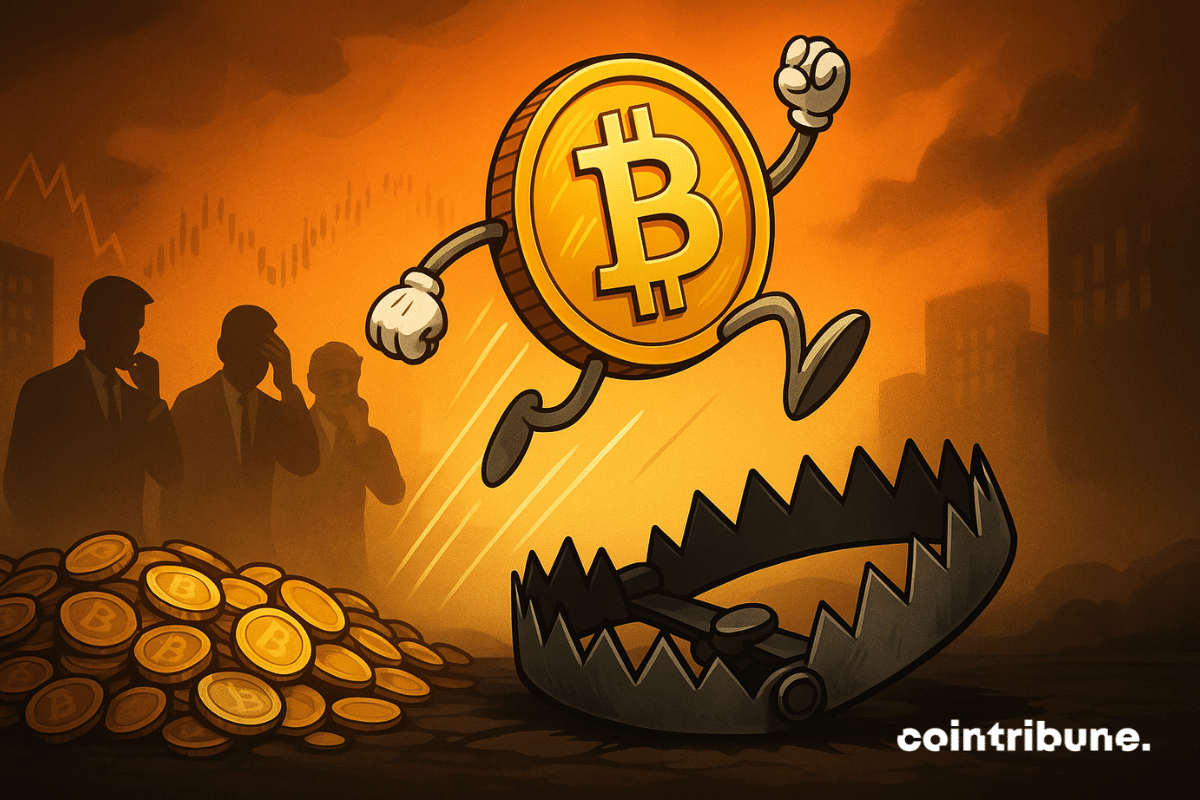 Bitcoin surges above a threatening trap, under the worried gaze of experts, in a tense and orange stock market atmosphere.