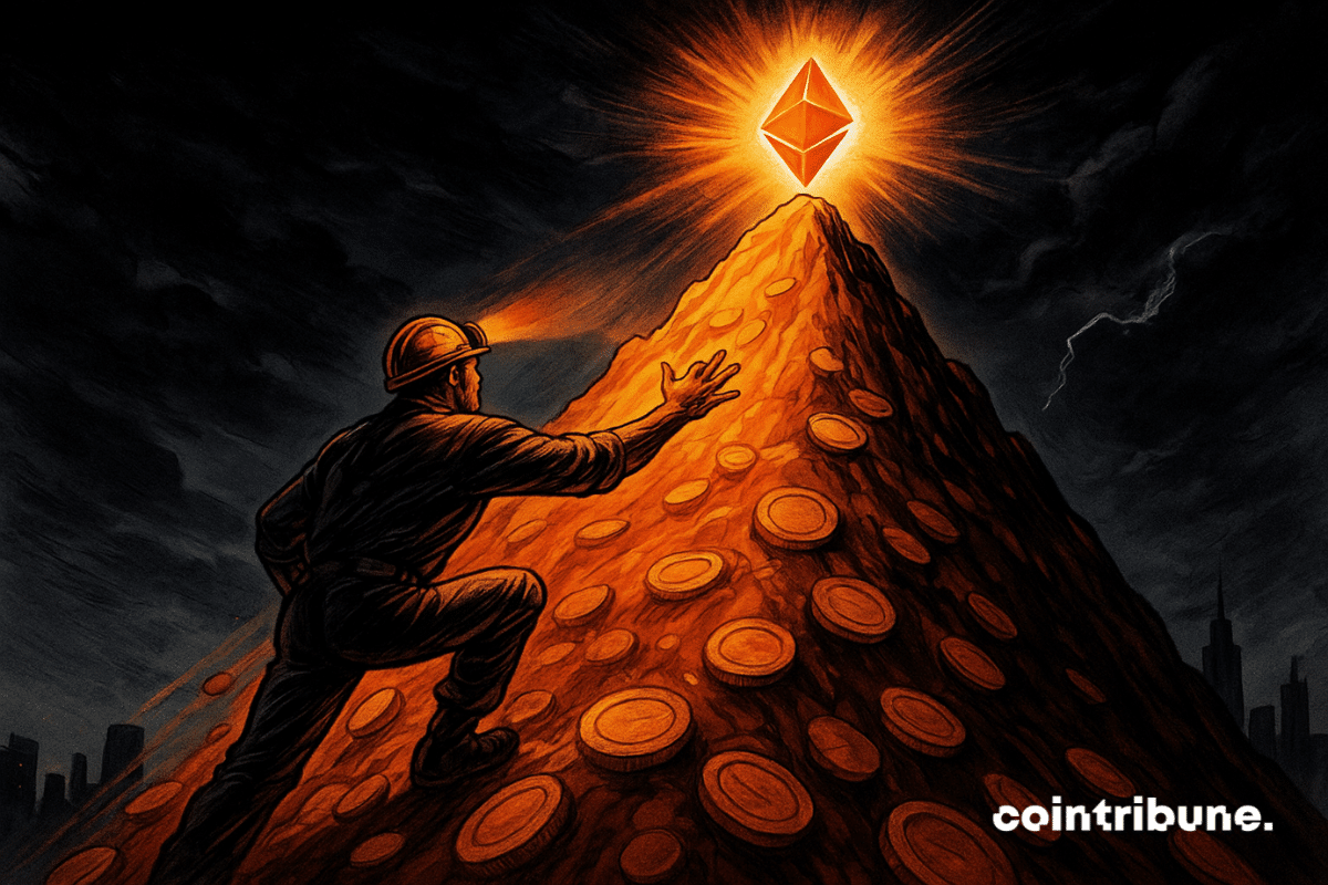 A miner climbs a glowing coin mountain toward a radiant crystal, under stormy skies and city shadows.