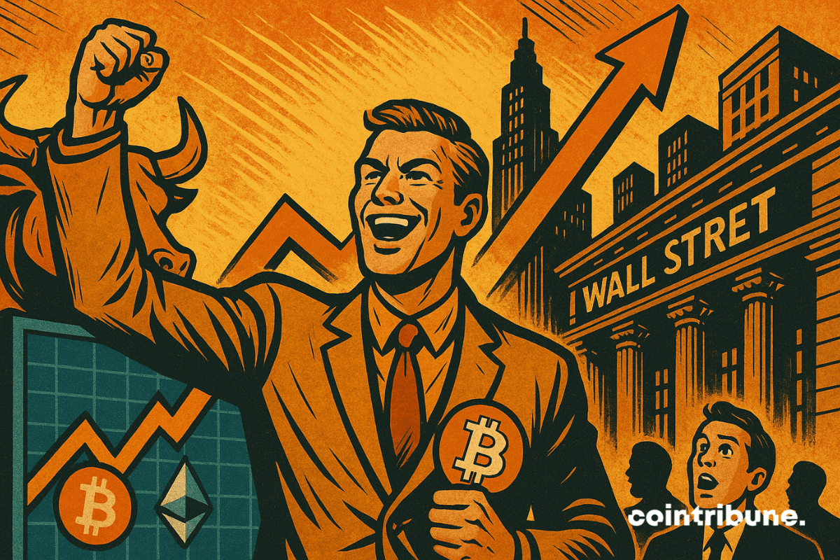 Un homme triomphant brandit un Bitcoin devant Wall Street, accompagné d’un taureau et d’un graphique en forte hausse crypto.