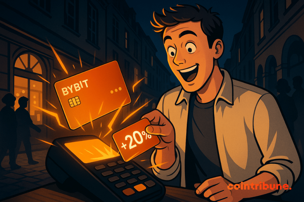Illustration d’un homme souriant utilisant une carte Bybit sur un terminal de paiement et recevant 20 % de cashback. La scène se déroule dans une rue commerçante européenne de nuit.