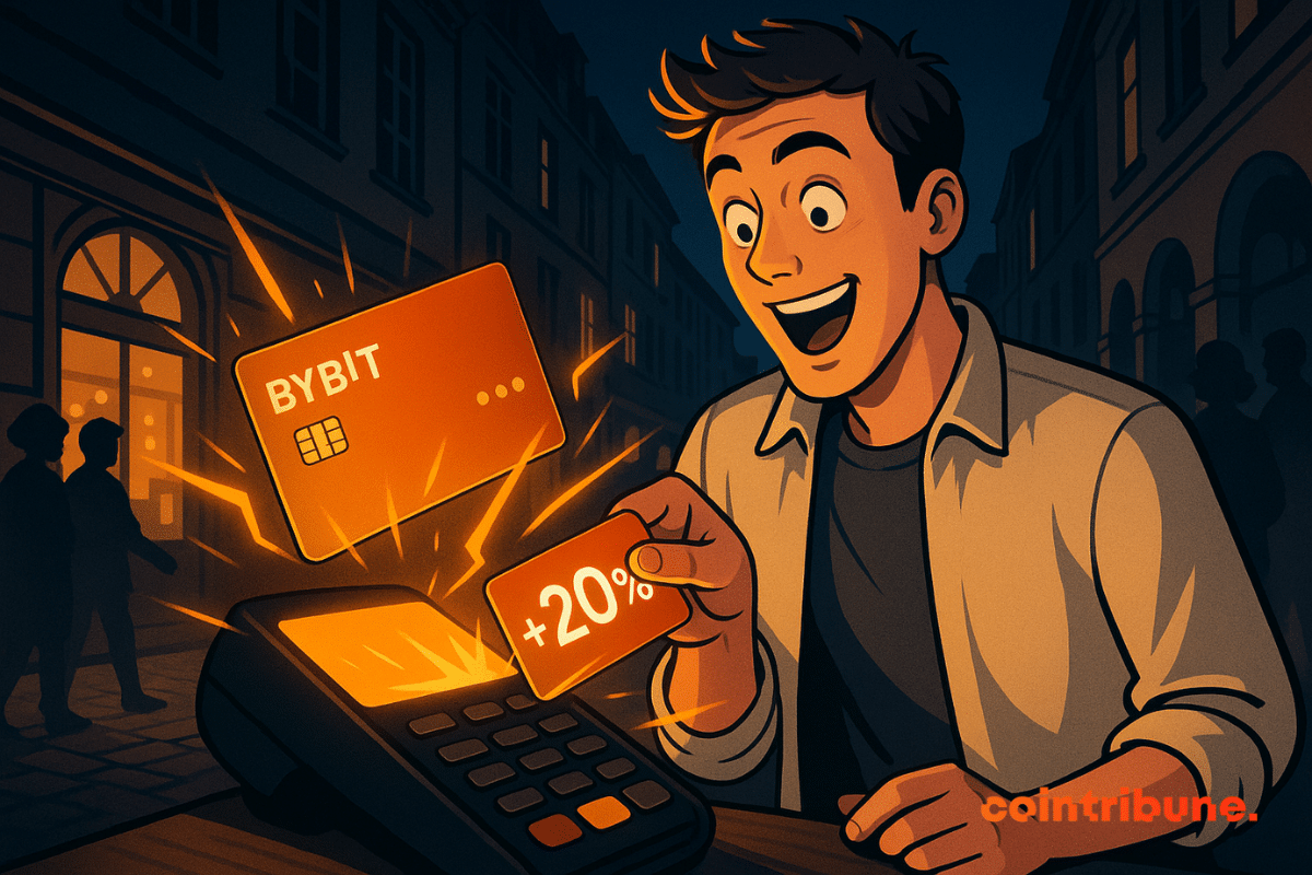 Illustration d’un homme souriant utilisant une carte Bybit sur un terminal de paiement et recevant 20 % de cashback. La scène se déroule dans une rue commerçante européenne de nuit.