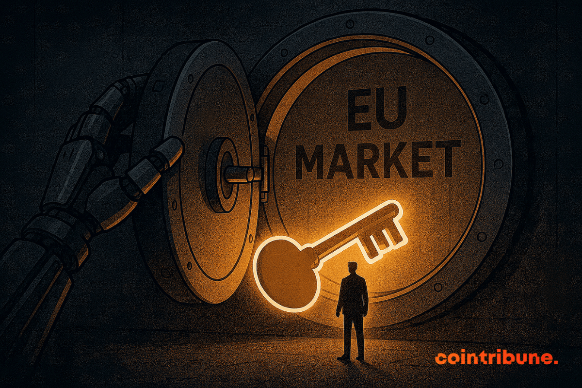A large vault door labeled "EU Market" is being unlocked by a giant robotic hand, as a businessperson stands in front of a glowing key—symbolizing Bybit’s move to secure a MiFID II license and access the European derivatives market.