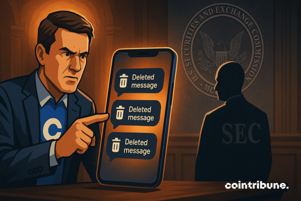 Coinbase confronte la SEC : smartphone affichant messages supprimés, ambiance tendue, silhouette menaçante, confrontation dramatique sous éclairage orangé.