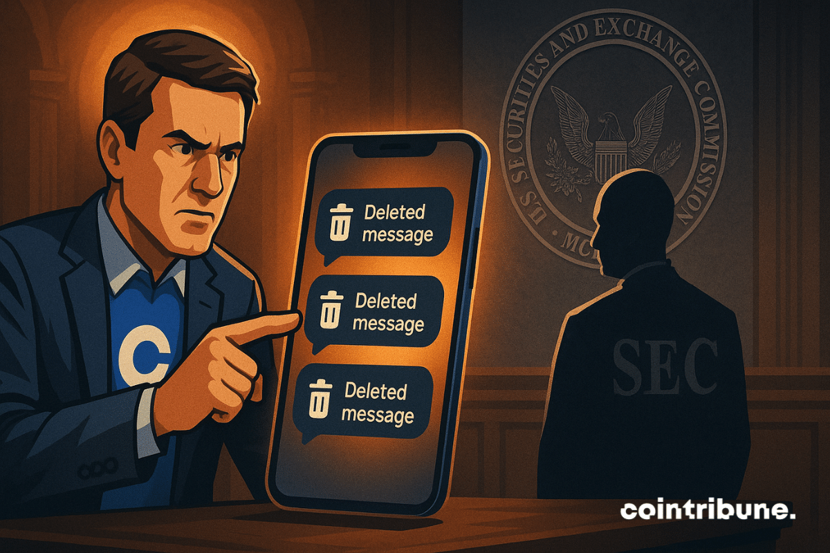 Coinbase confronta a SEC: smartphone exibindo mensagens apagadas, atmosfera tensa, silhueta ameaçadora, confronto dramático sob iluminação laranja.