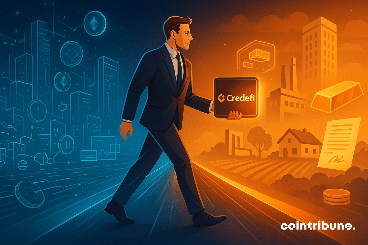 A businessman walks from a futuristic digital cityscape into a real-world environment, carrying a glowing tablet with the Credefi logo, surrounded by icons of gold, buildings, homes, and contracts—symbolizing the bridge between DeFi and real-world assets.