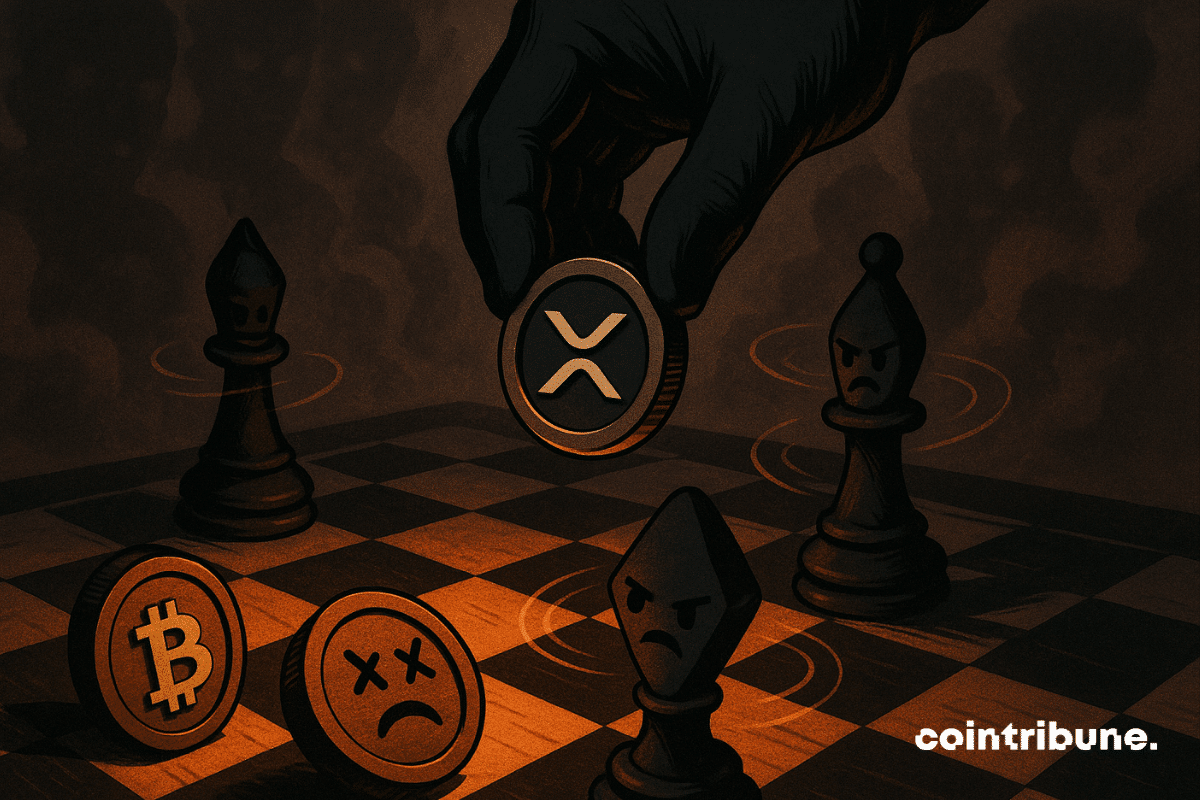 Mão enluvada movendo uma peça de XRP em um tabuleiro de xadrez de criptomoedas sob uma iluminação laranja dramática.