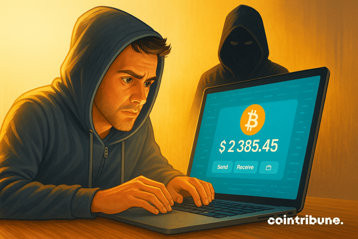 Un jeune homme inquiet découvre une faille sur son portefeuille crypto, tandis qu’un hacker menaçant surgit dans l’ombre numérique