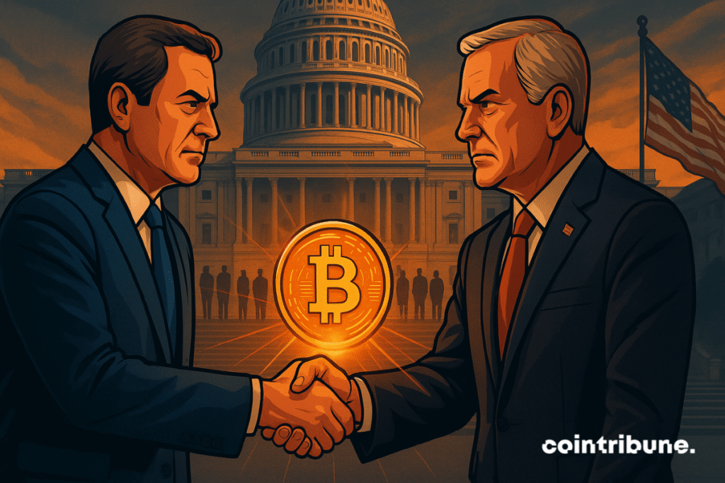 Deux politiciens opposés se serrent la main devant le Capitole, un Bitcoin lumineux entre eux symbolise l’union crypto bipartite